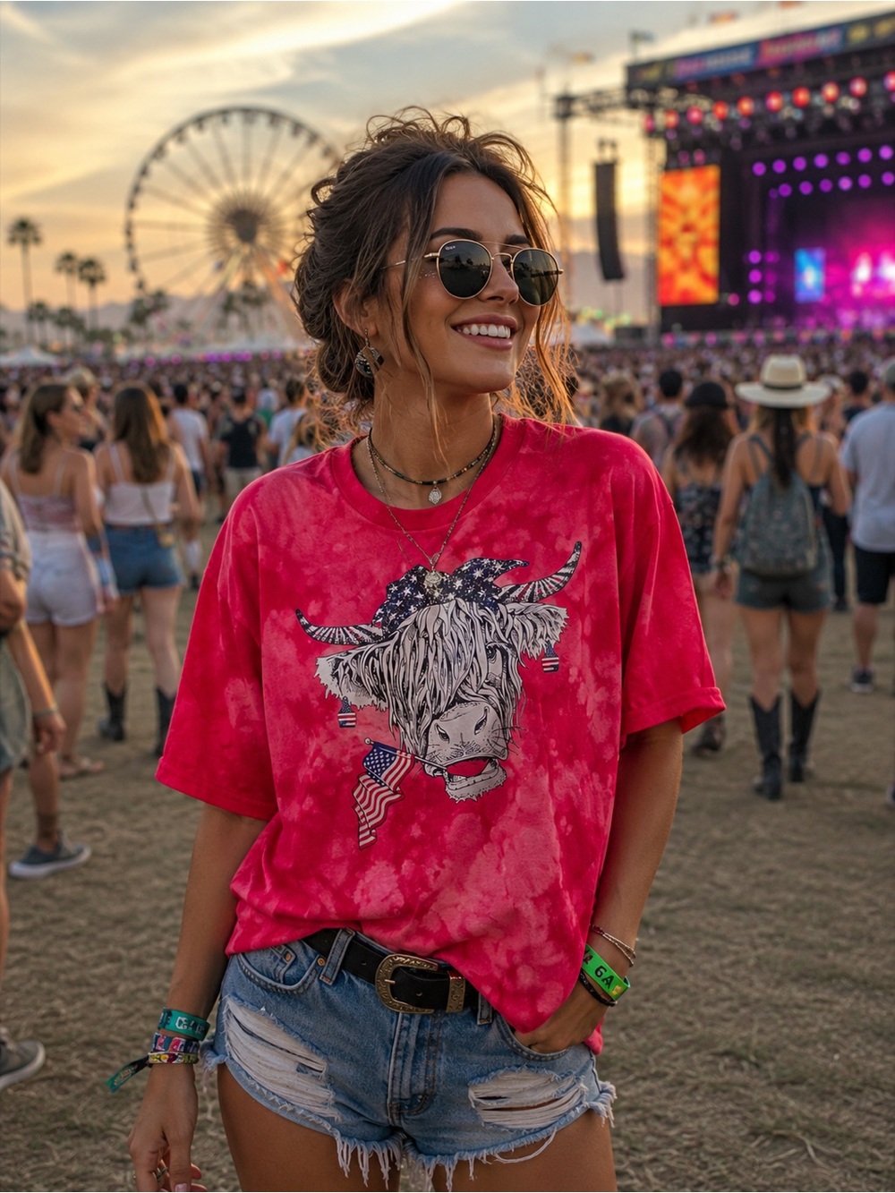 Hanes Red Tie-Dye Graphic Tee with Patriotic Highland Cow July 4th